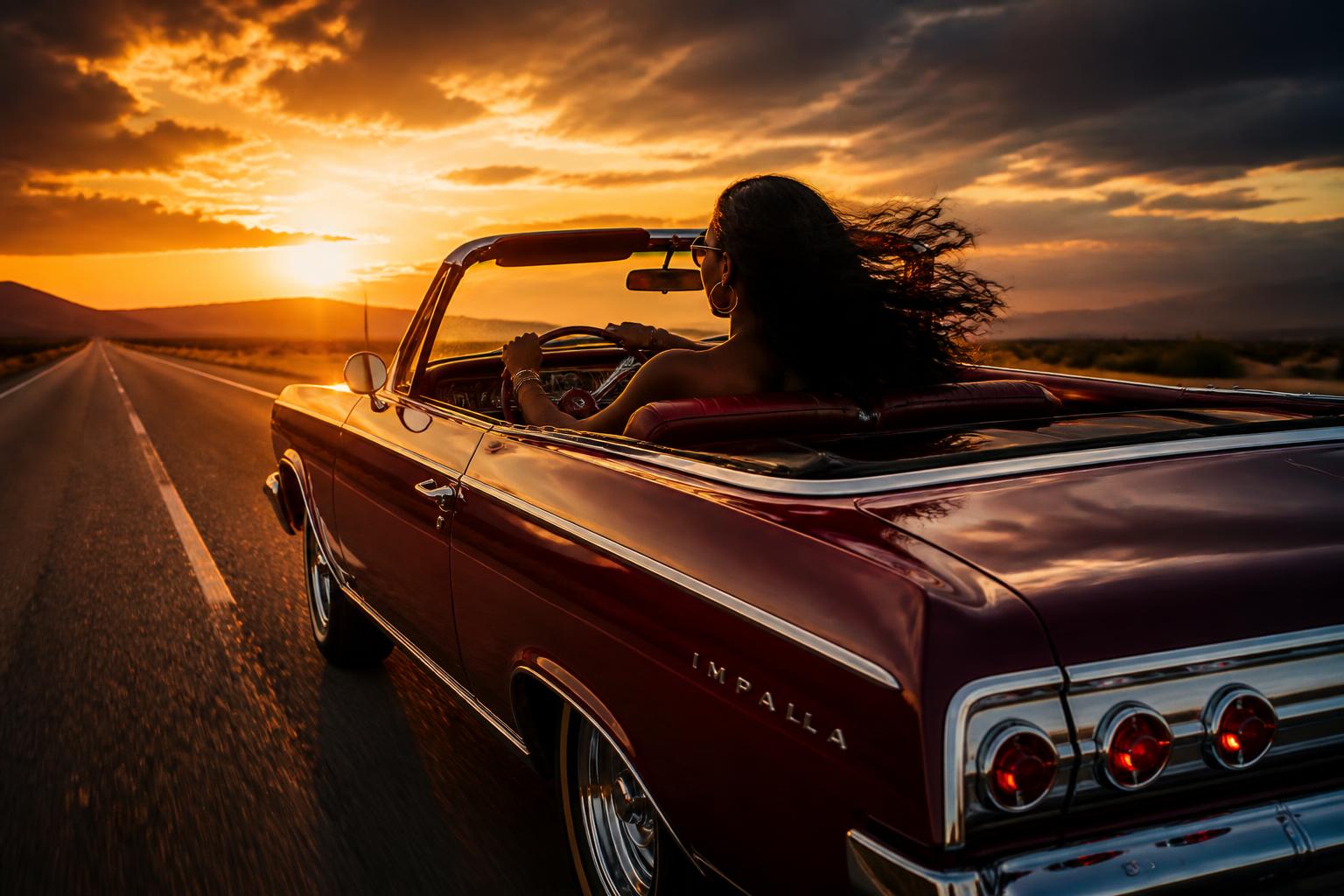 Woman driving a classic burgundy convertible into the sunset